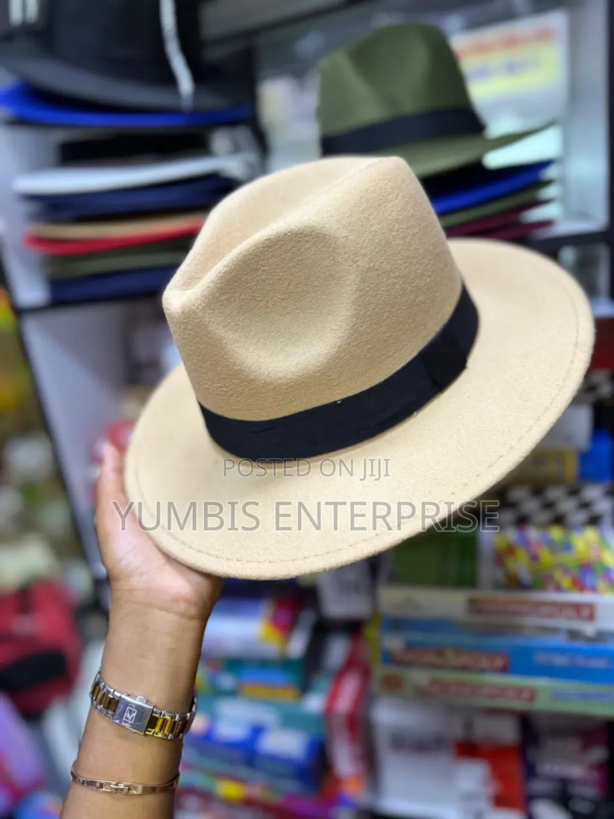 Unisex Beige Fedora Hats With a Black Band Around