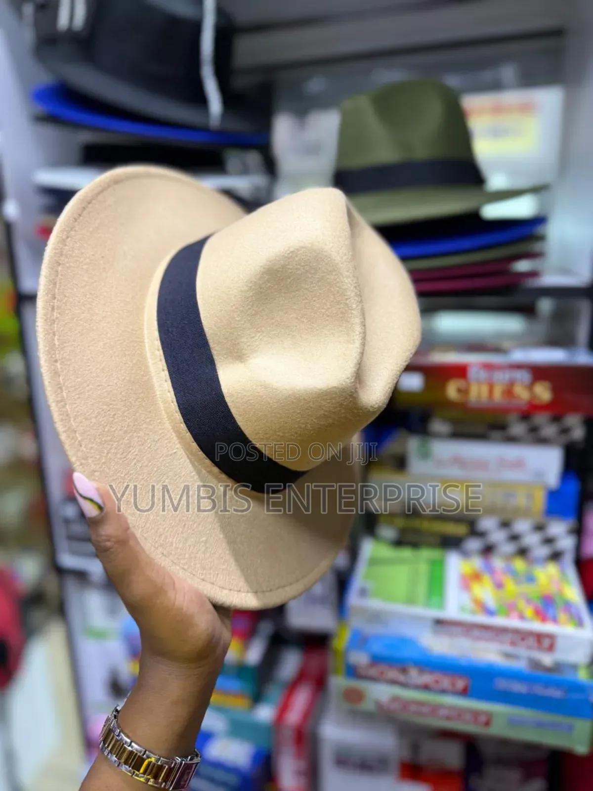 Unisex Beige Fedora Hats With a Black Band Around