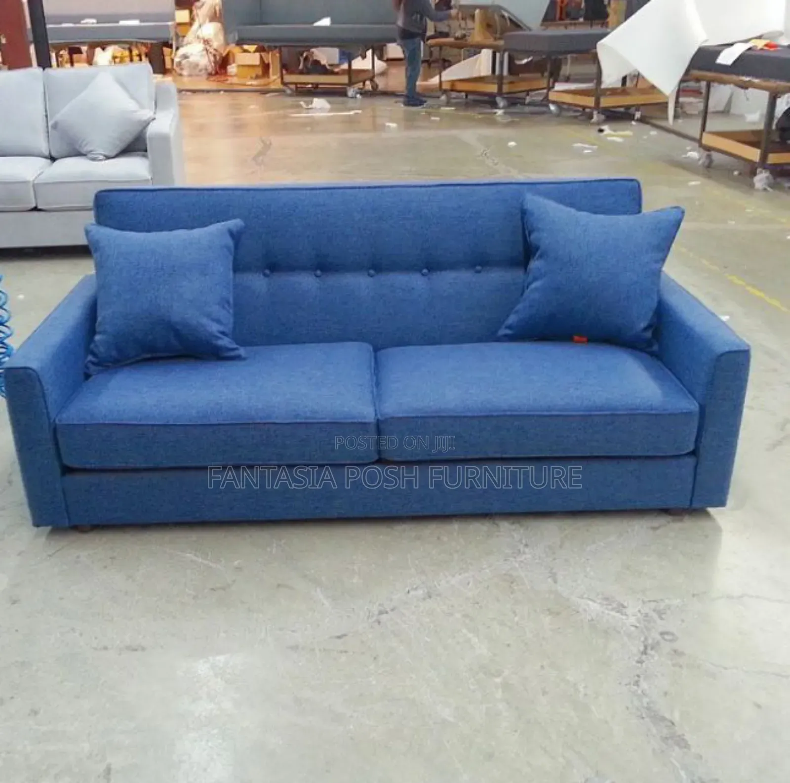 Lux Blue 3-Seater Sofa With Tufted Backrest