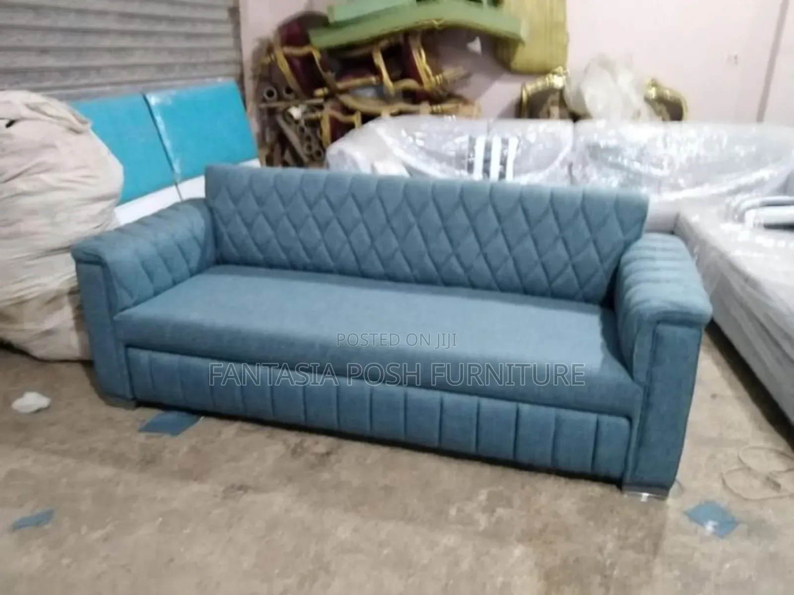 Blue 3 Seater Sofa With Diamond-Tufted Backrest