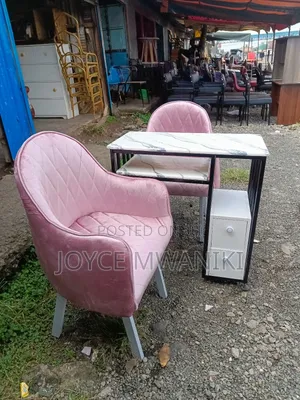 Manicure Set, Marble Black and White Table, Pink Seats 