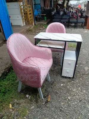 Manicure Set, Marble Black and White Table, Pink Seats 
