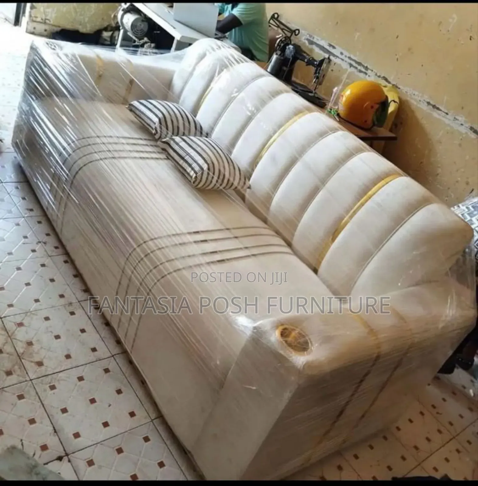 Cream 3 Seater Sofa /Vertical Channel Tufting/Gold Accents