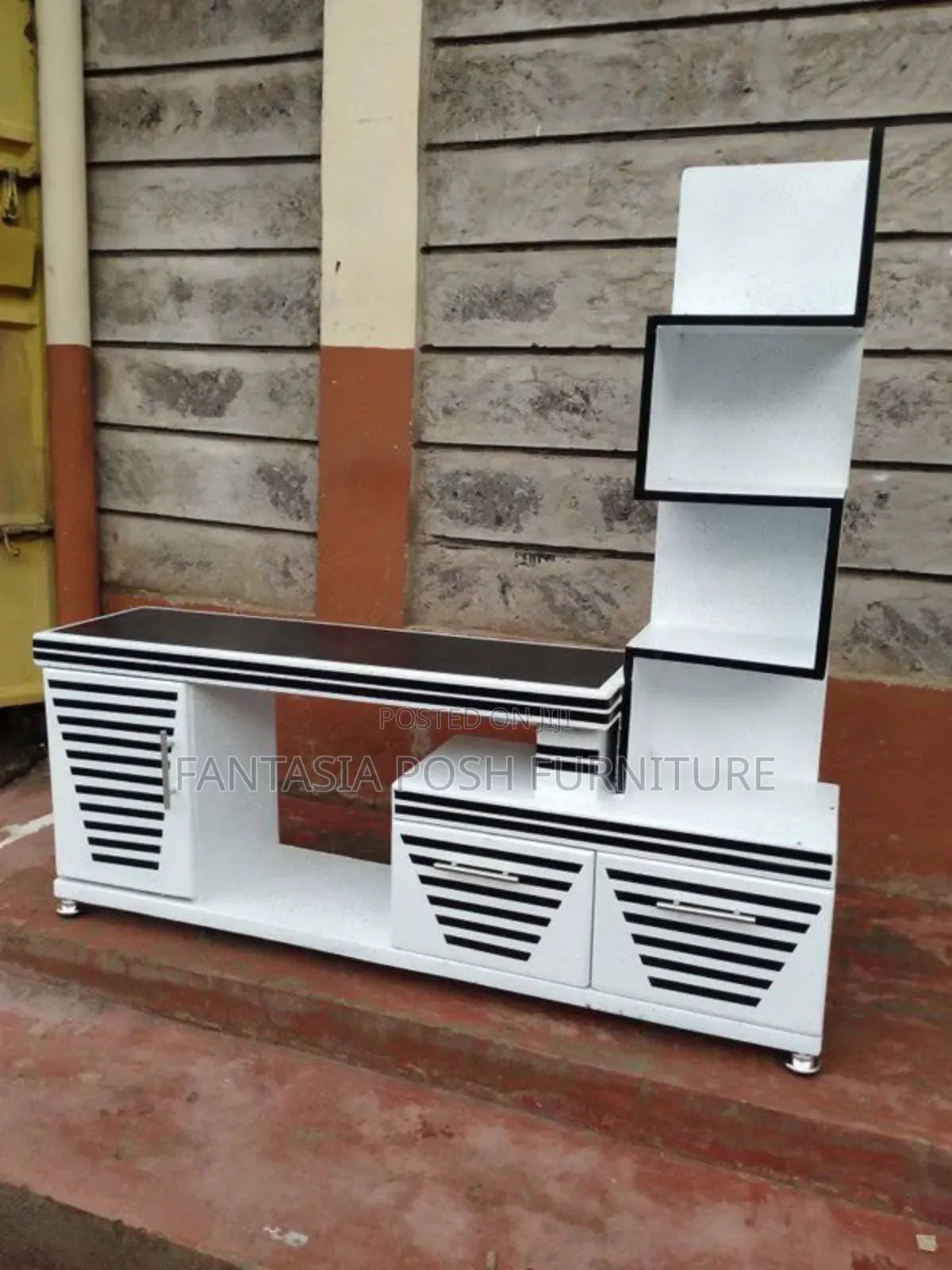 Black White Tv Stand With Display Shelves.