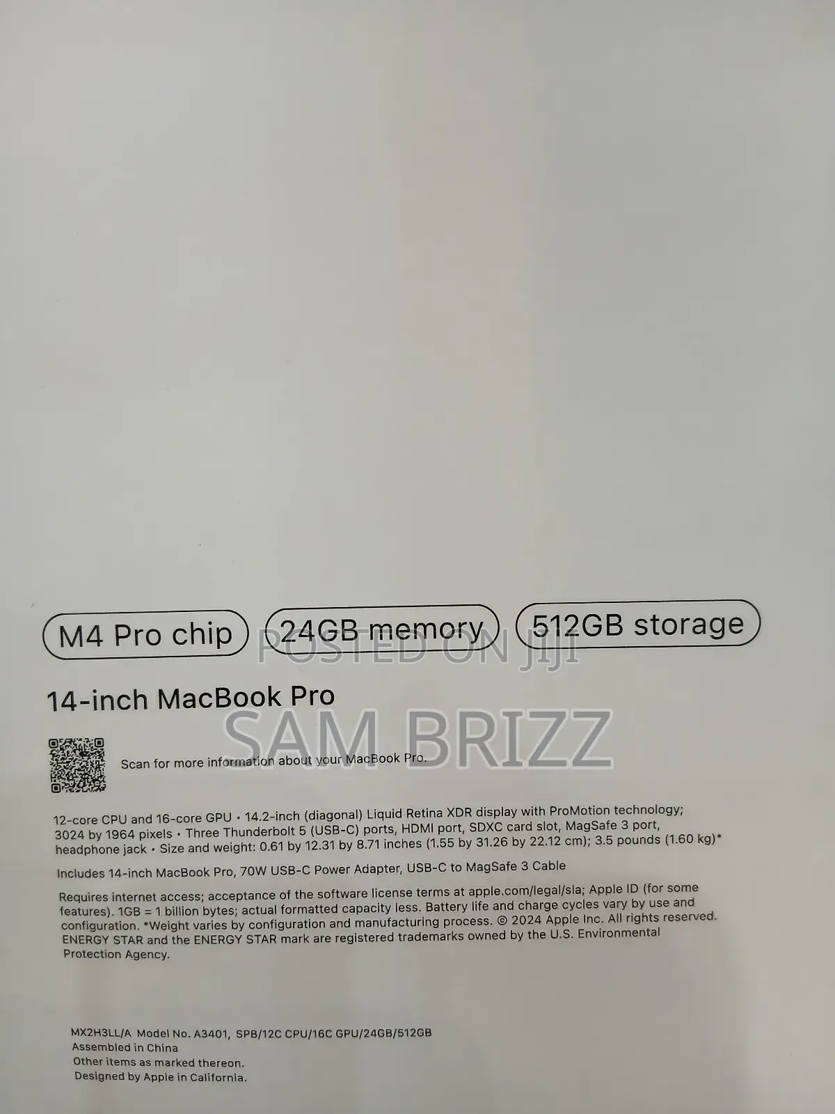 New Laptop Apple MacBook Pro 24GB Apple M4 SSD 512GB