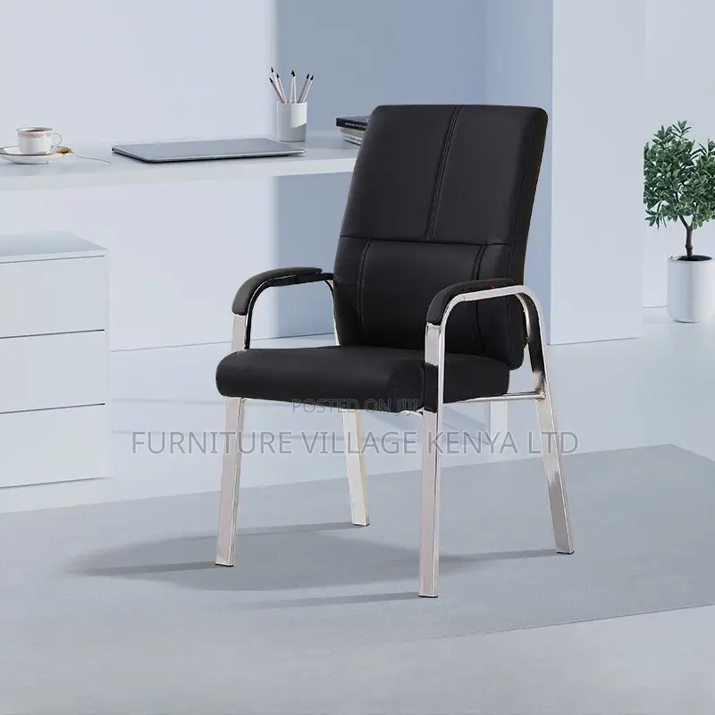 Office Chair: Leather Black Fixed Padded Arms Office Chair