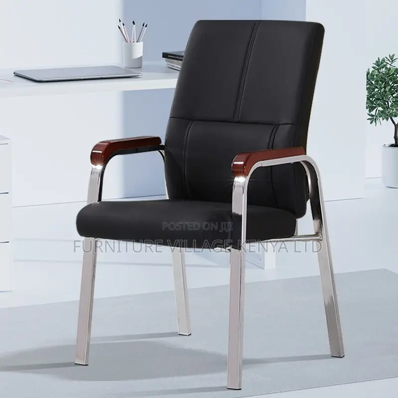 Office Chair: Leather Black Fixed Padded Arms Office Chair