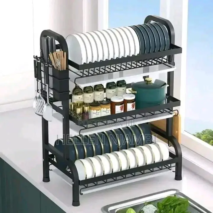 3 Tier High Carbon Steel Dish Rack With Cutlery Holder