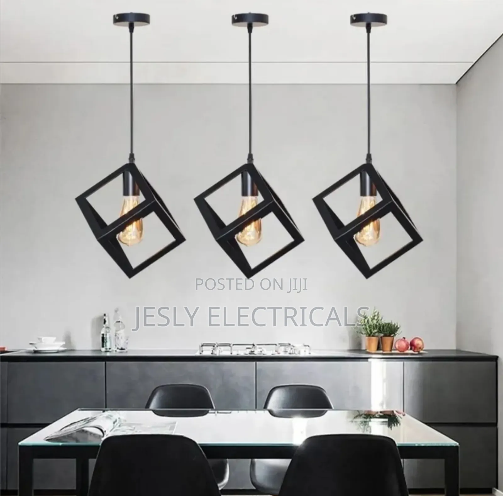 Modern Indoor Black Steel Cube Round Base Hanging Lights