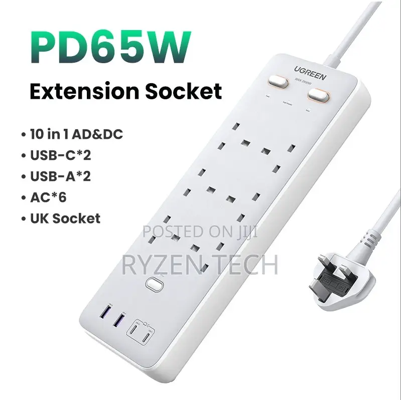 Ugreen Surge Protector Power Strip 6 Ac Outlets + 65w 2a2c