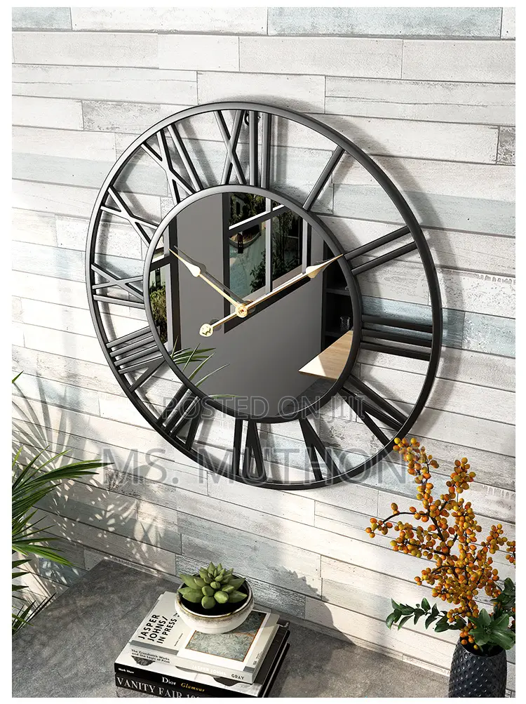Black 50 Cm Creative Wall Clock Metal With Mirror*