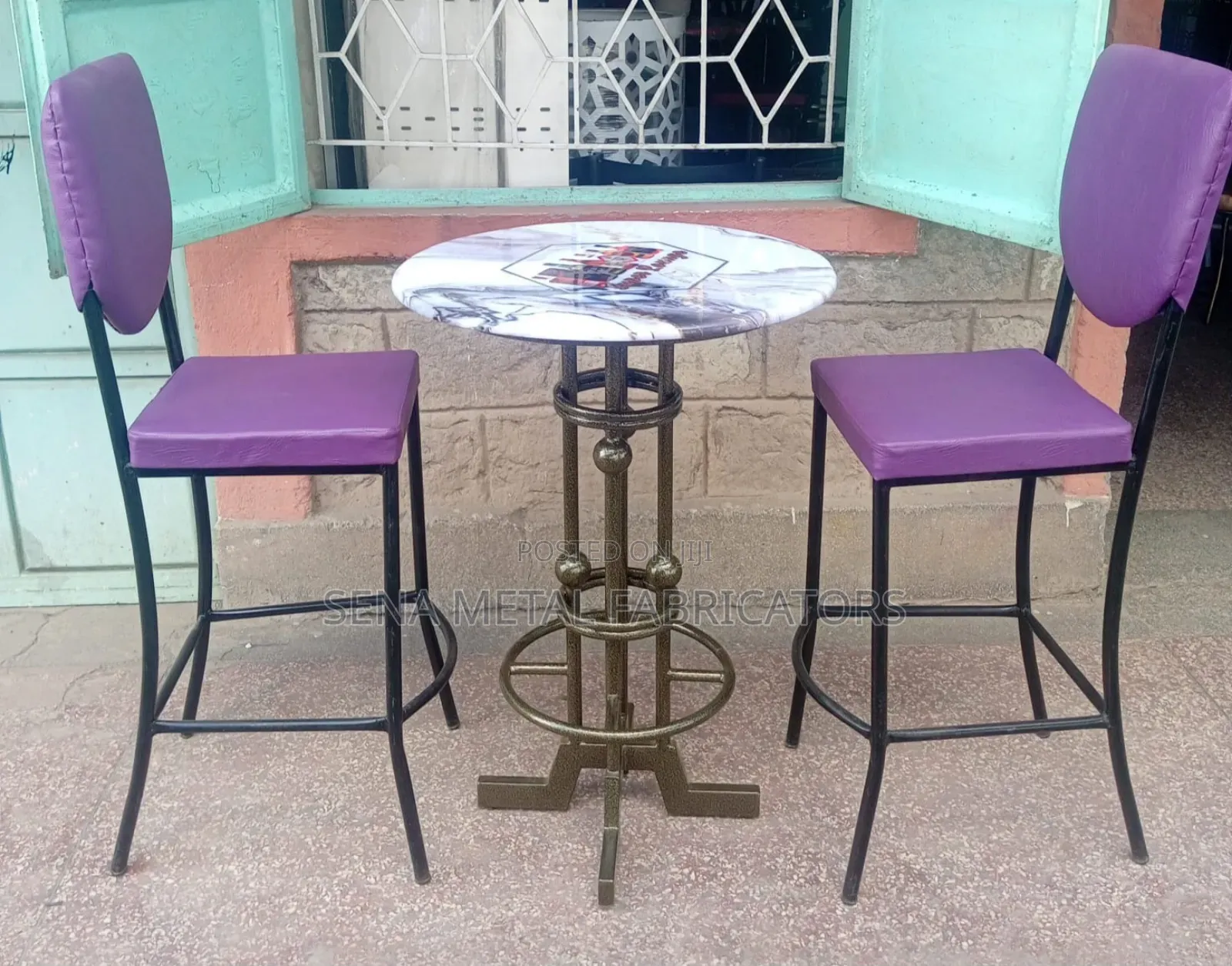 Bar Set, Unique Table and 2 Purple Chairs.