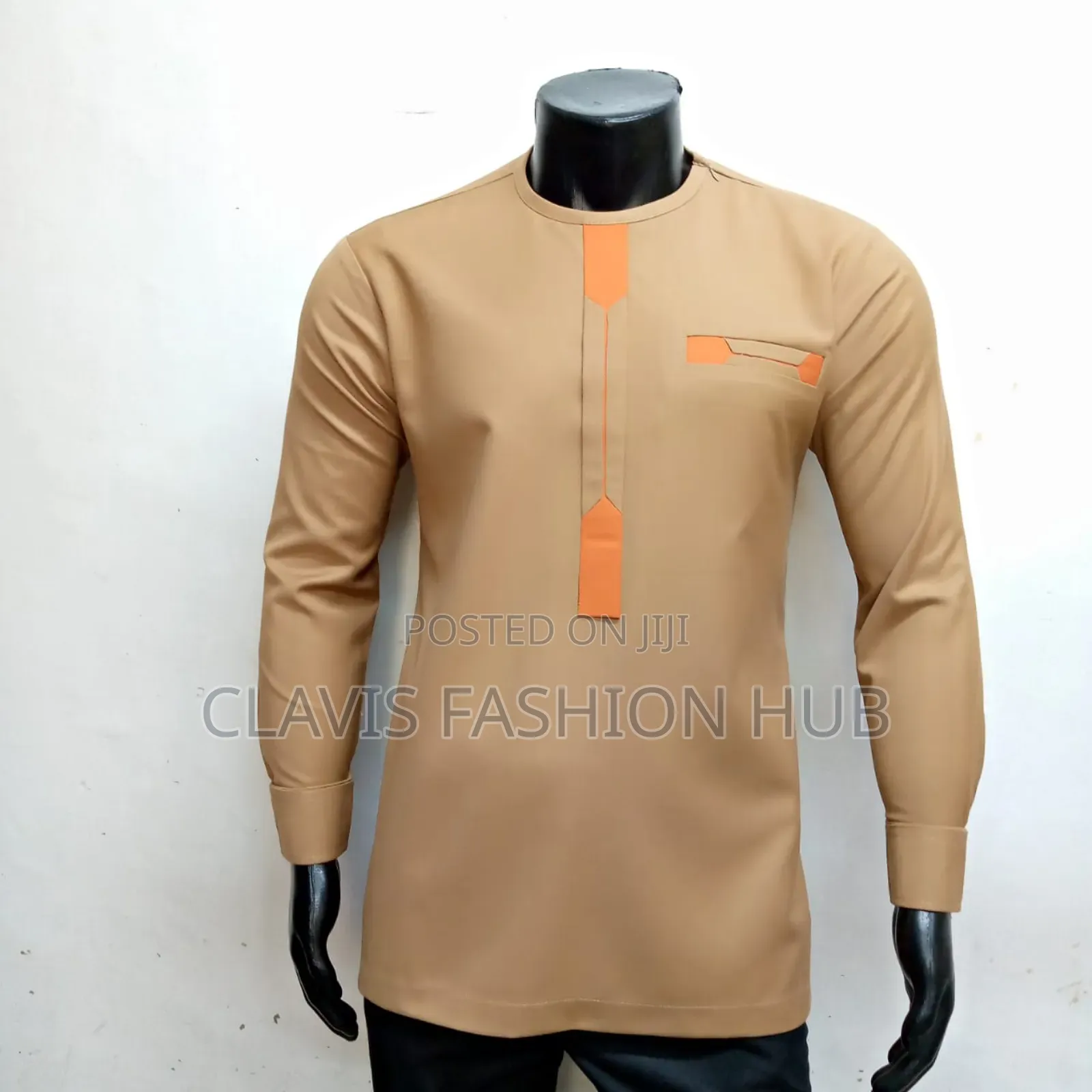 African Long Sleeved Men Beige Ankara Shirts