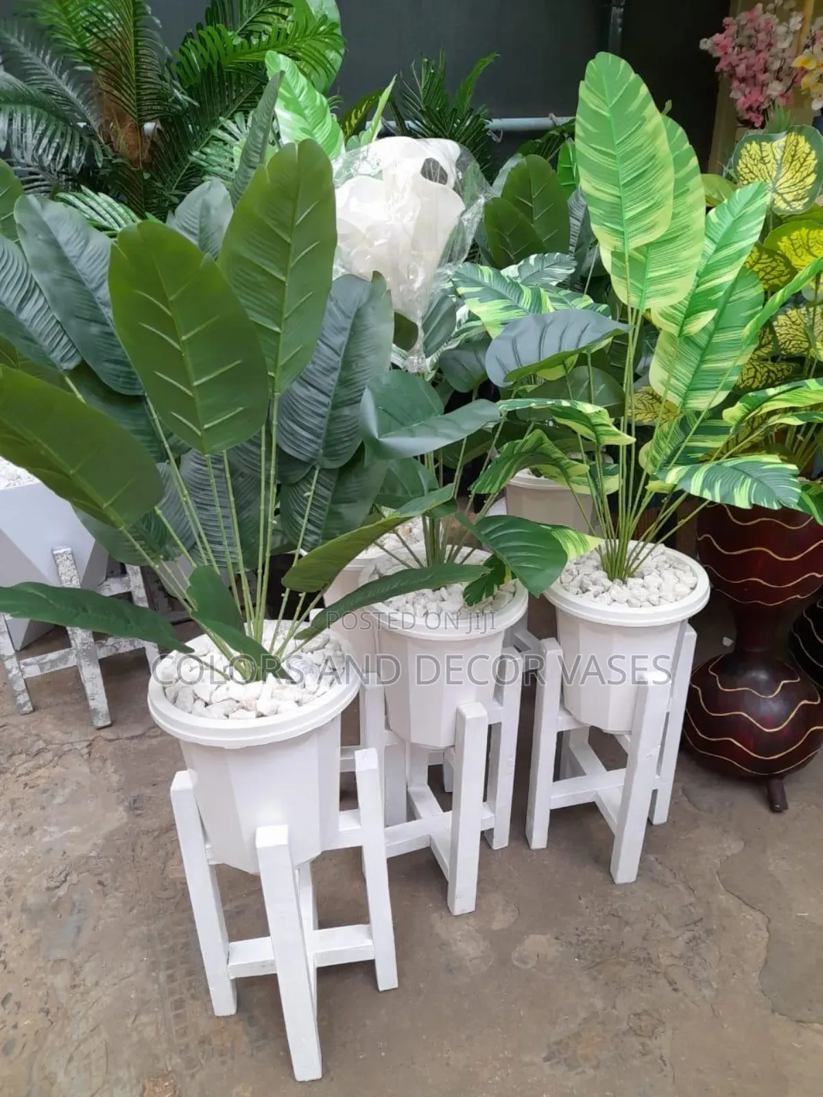 White Stools, Plants and Vase Complete Set