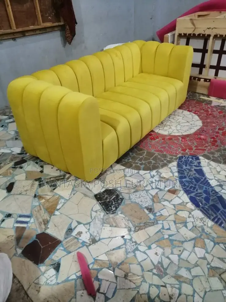 3-Seater Plush Yellow Fabric Sofa