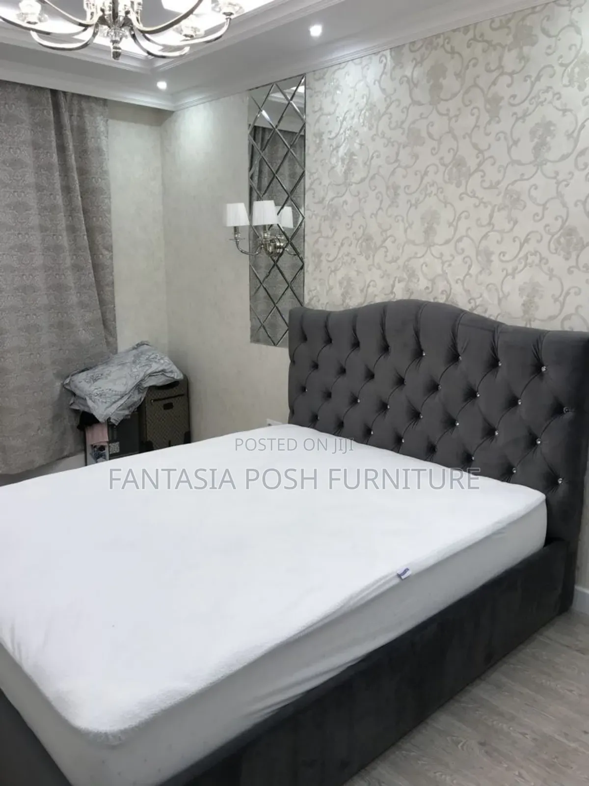 Dark Grey Tufted Velvet Mocket Bed Size 5 by 6