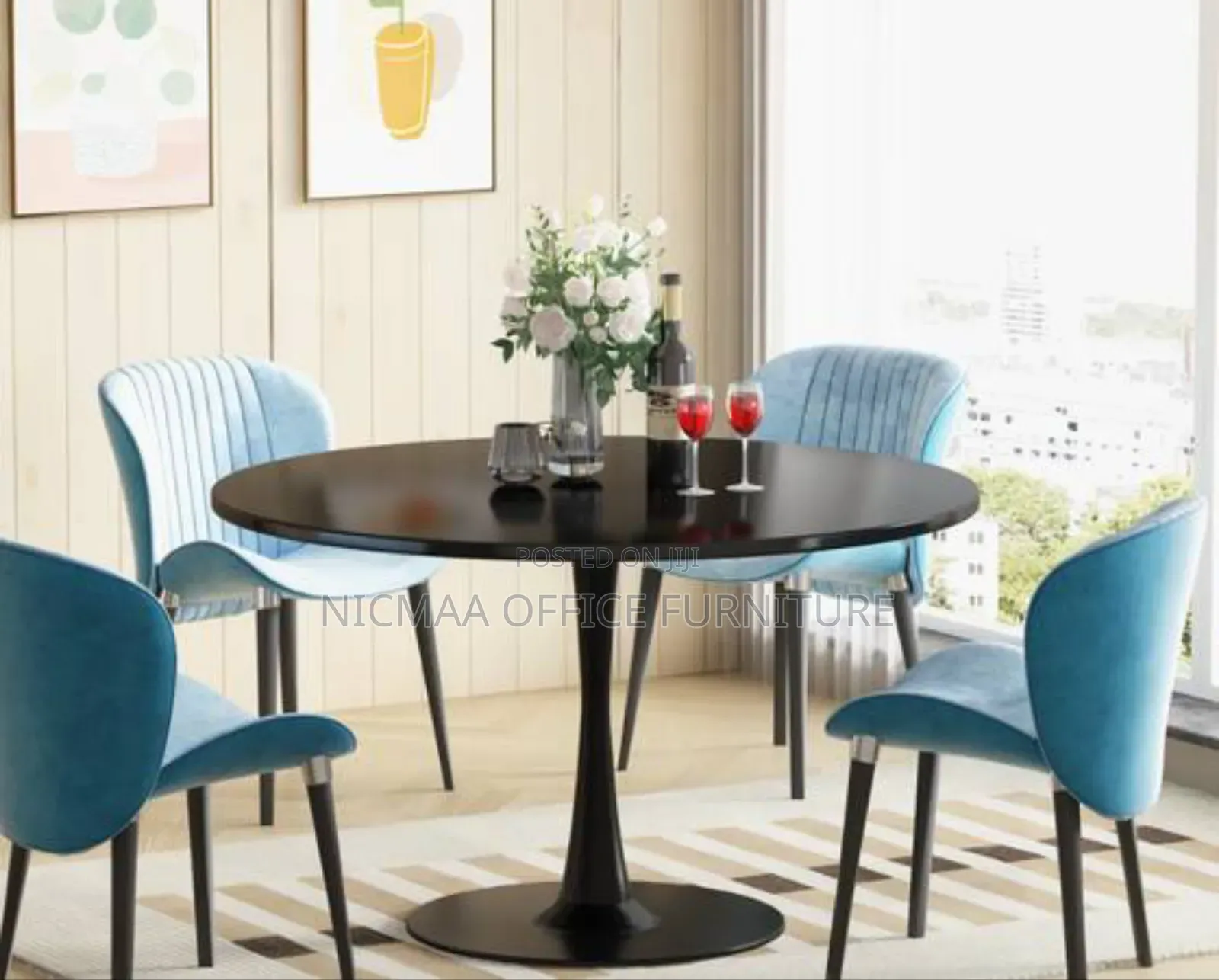 Modern Round Black Dining Table With Round Metal Base