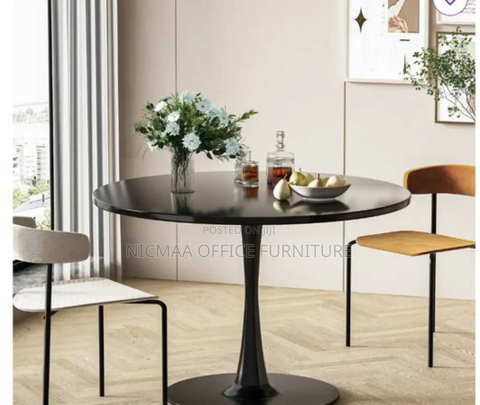Modern Round Black Dining Table With Round Metal Base