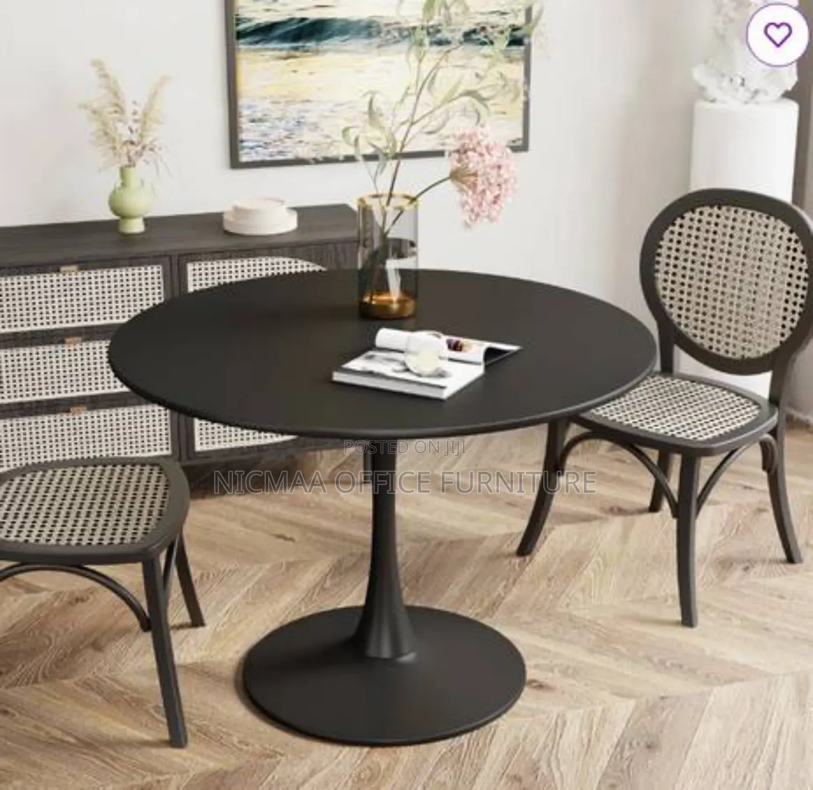 Modern Round Black Dining Table With Round Metal Base