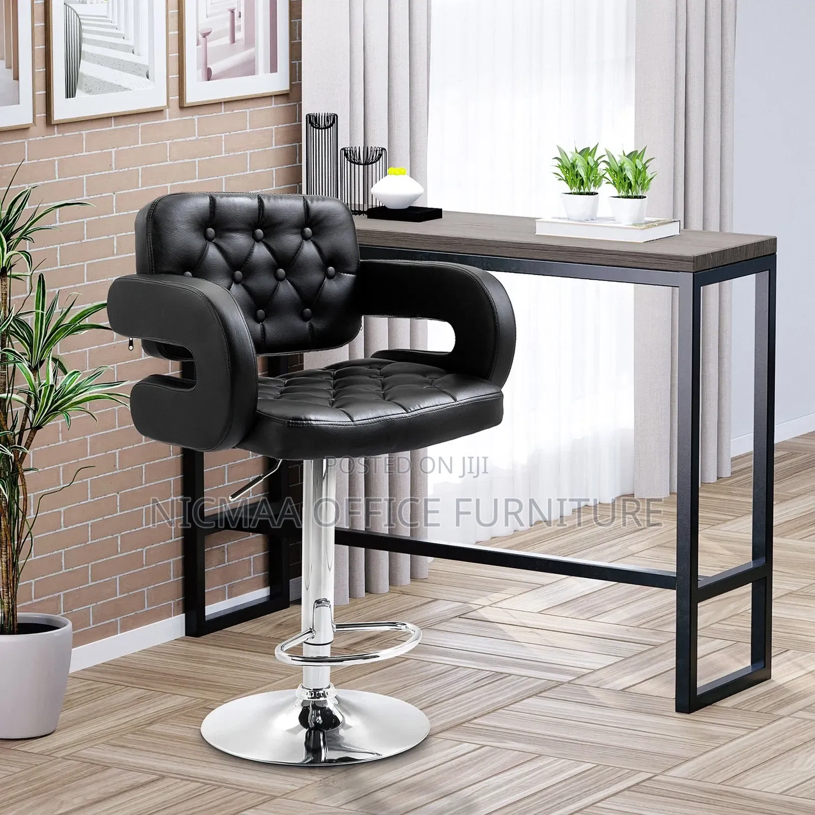 Black Leather Adjustable Bar Stool