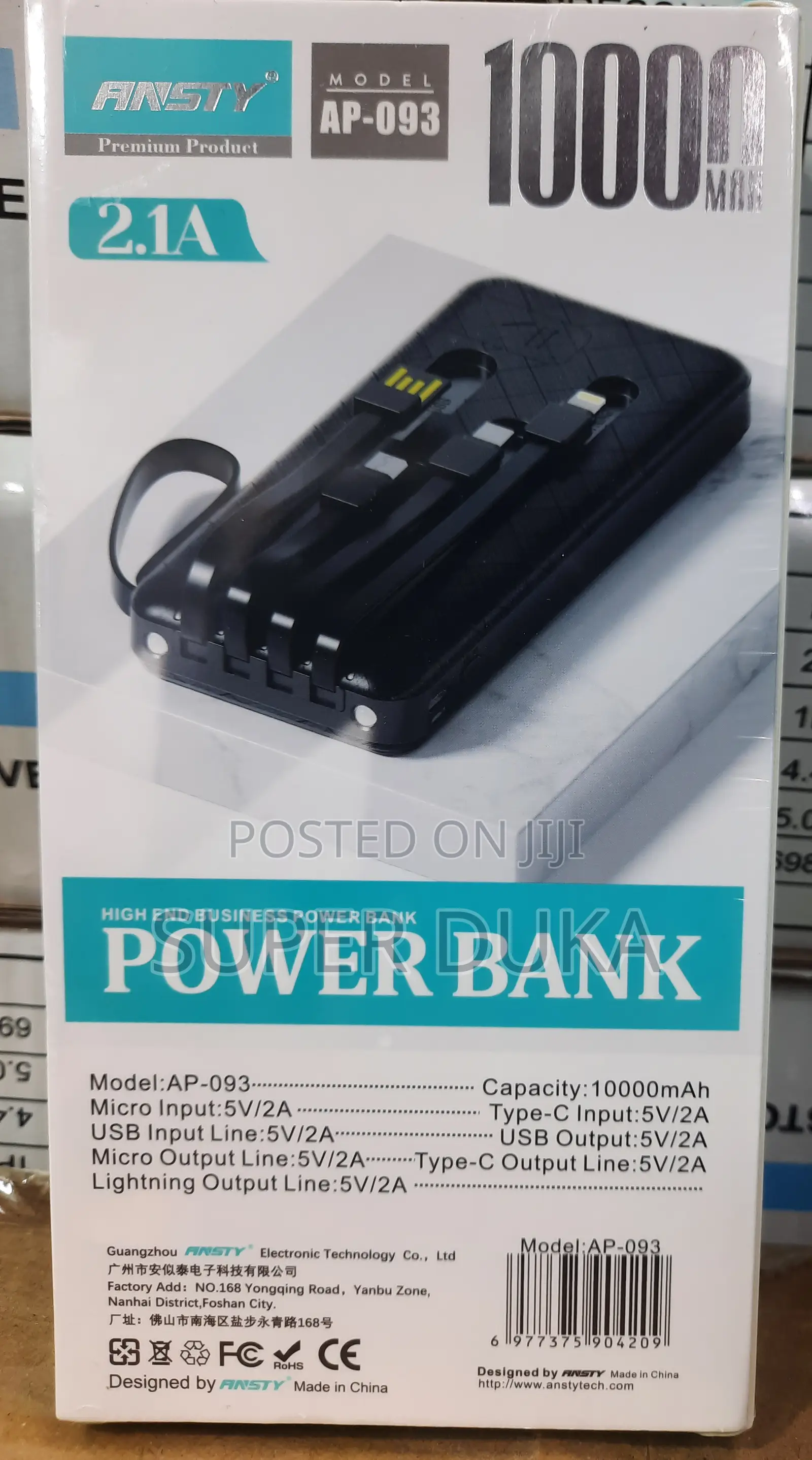 Power Bank.10000mah Ansty Ap-093.Micro,Type C,iPhone Cables