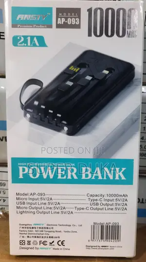 Power Bank.10000mah Ansty Ap-093.Micro,Type C,iPhone Cables