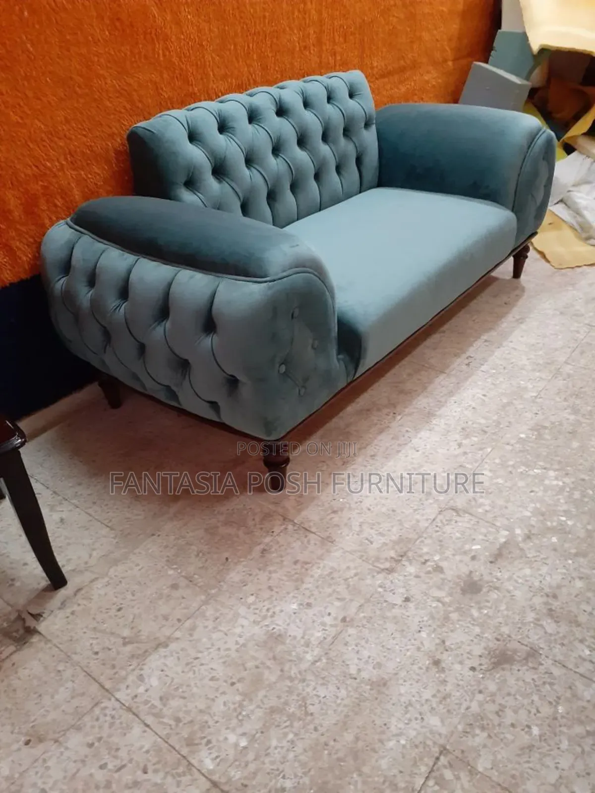 3-Seater Soft Blue Mid-Century Tufted Sofa