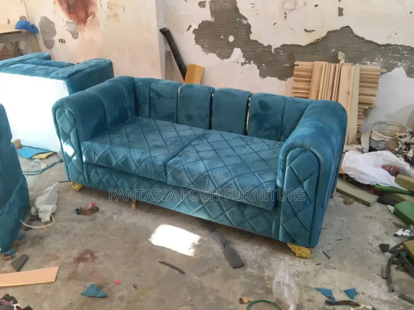 3-Seater Sofa in Royal Blue Fabric With Quilted Detailing