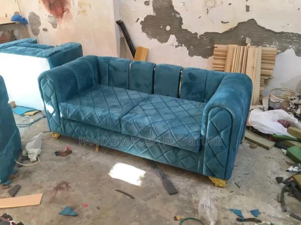3-Seater Sofa in Royal Blue Fabric With Quilted Detailing