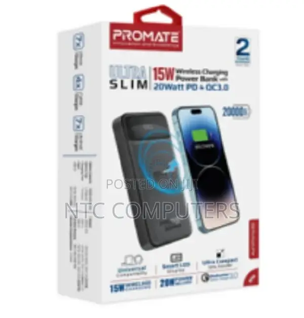 Promate 20000mah Slim Power Bank With 15 Wireless Charging
