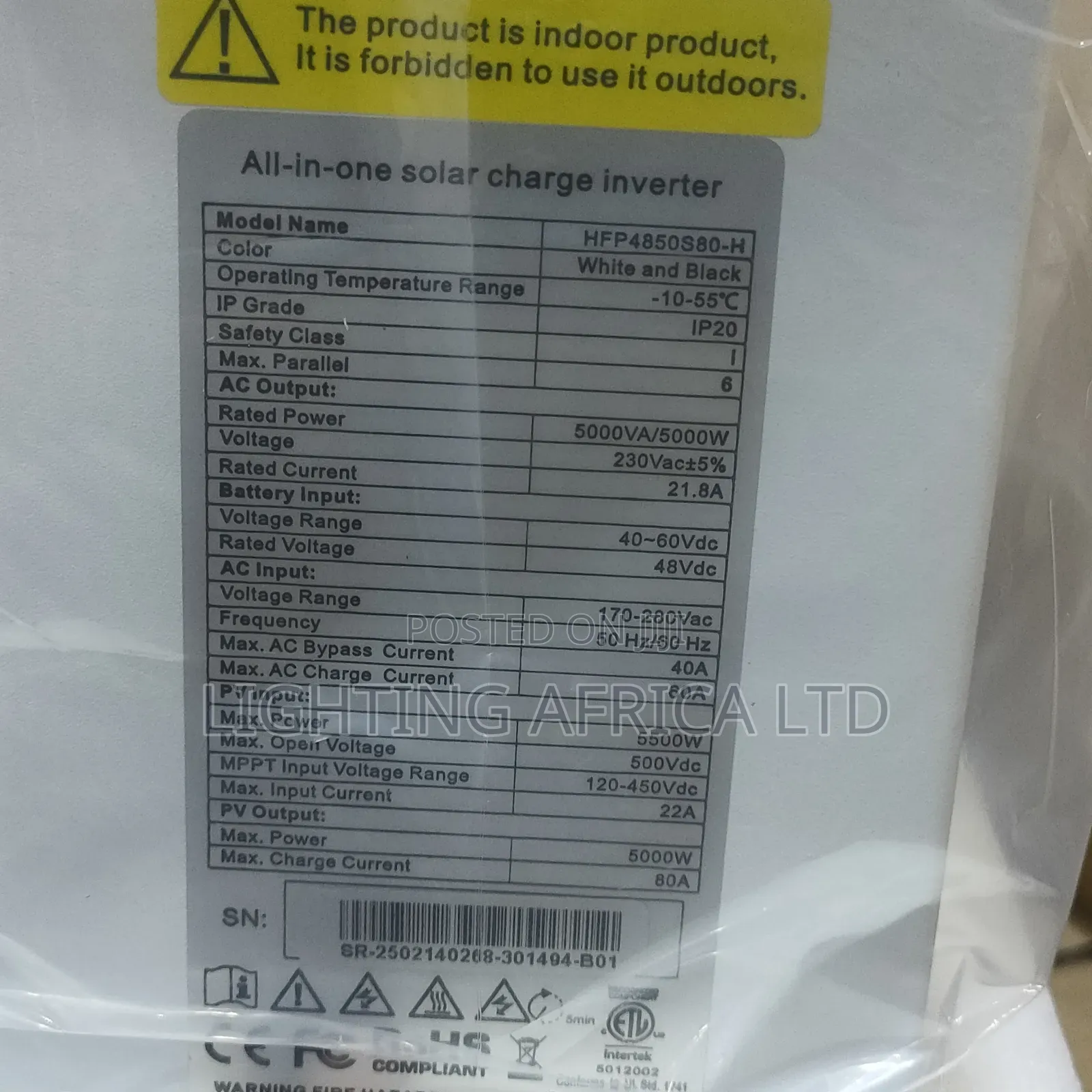 Srne Hybrid Inverter 5000w/48v (500 Voc) MPPT Inbuilt 120a