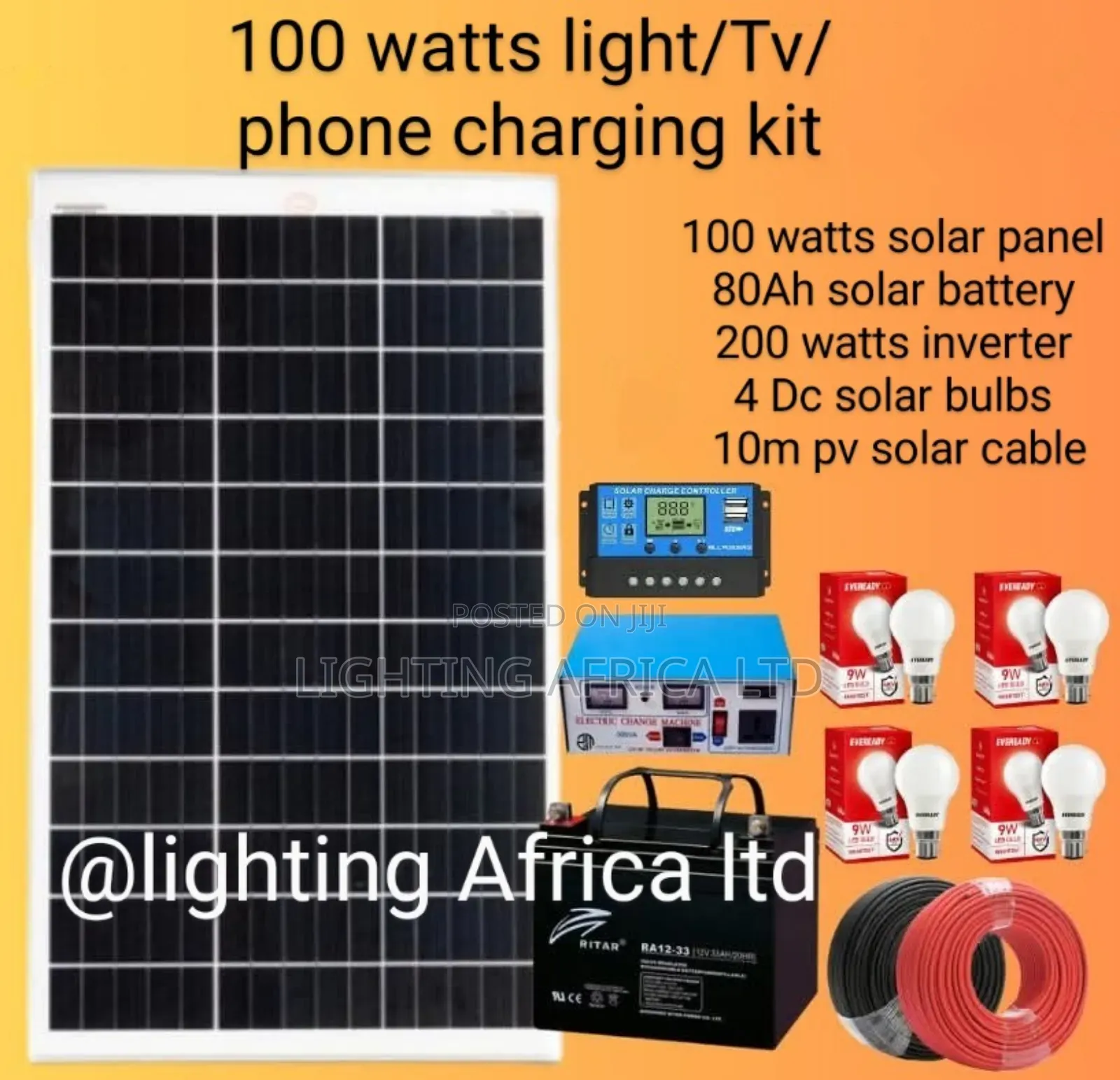 100 Watts Light,Tv, Phone Charging Solar Kit Complete