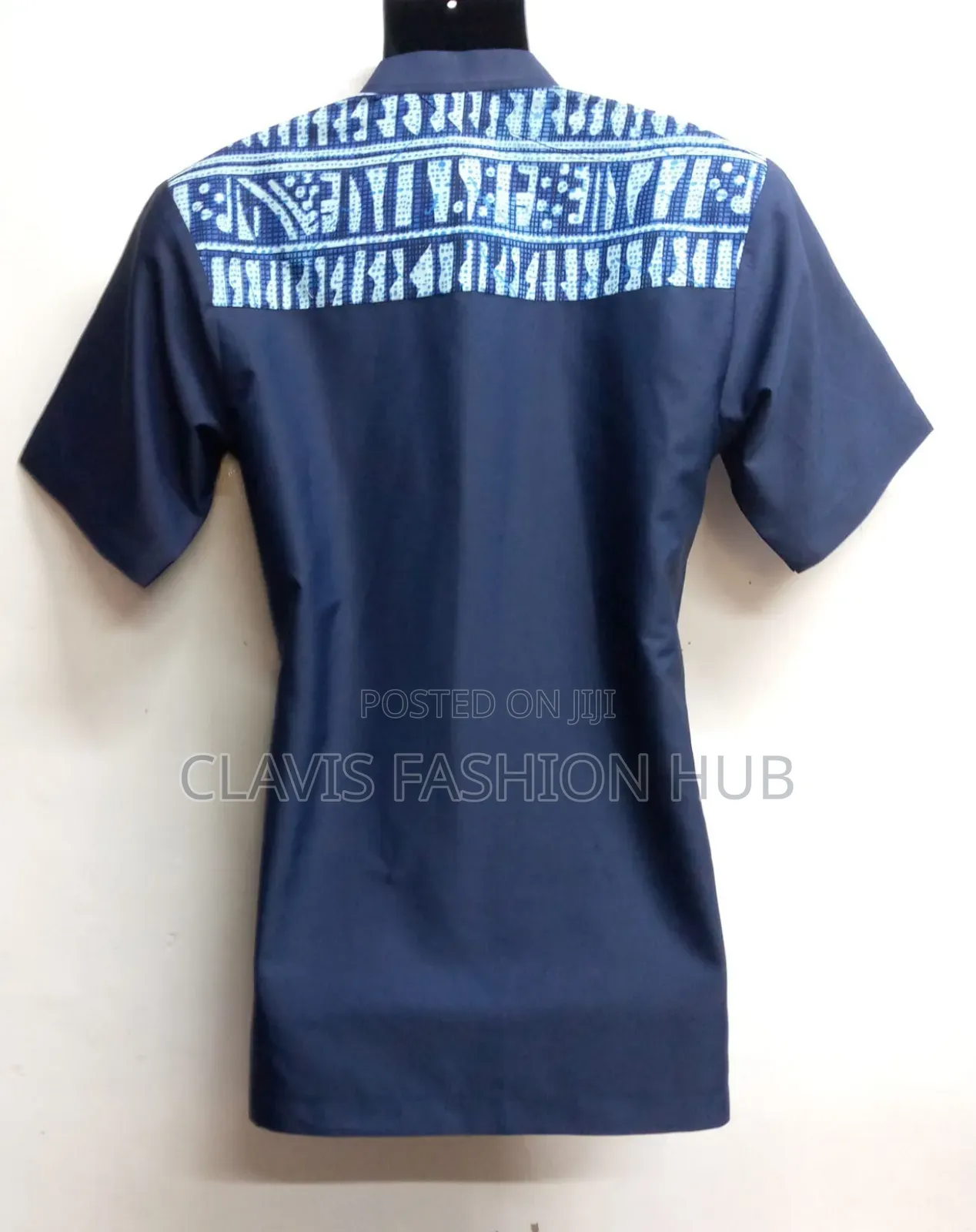 Navy Blue Shirt Short Sleeved With Kitenge