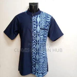 Navy Blue Shirt Short Sleeved With Kitenge