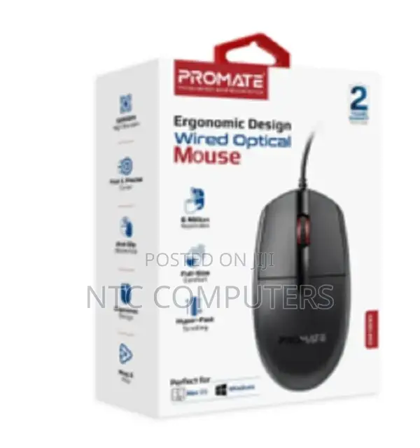 Promate 3 Button Wired Optical Mouse With 1200dpi, 1.5m Cab