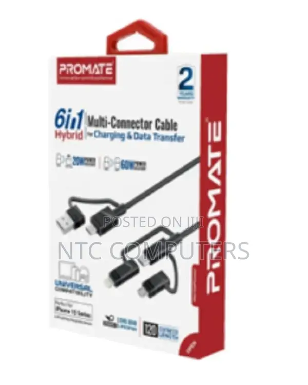 Promate 6-in-1 Hybrid Multi-Connector Cable for Charging D