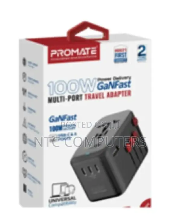 Promate 100w Gan Travel Adapter W/ 4 Usb-C 1 Usb-a Outp