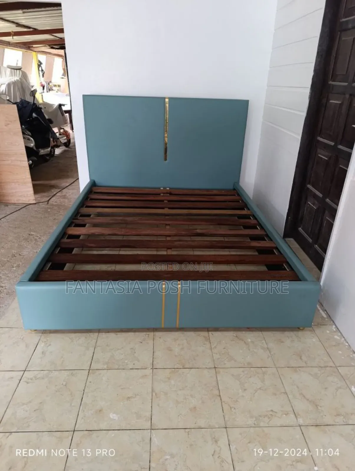 5x6 Sleek Blue Bed With Gold Accents