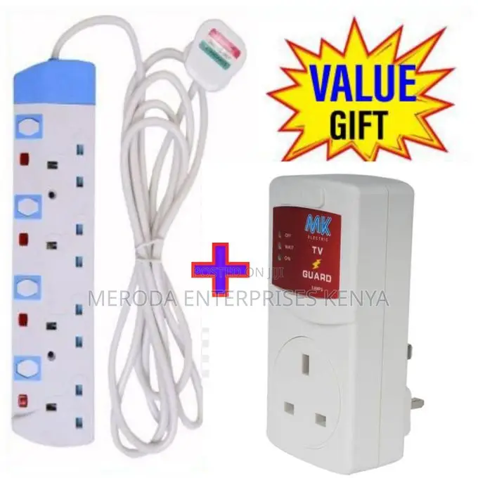 4 Way Power Extension With Long Cable+Free Tv Guard