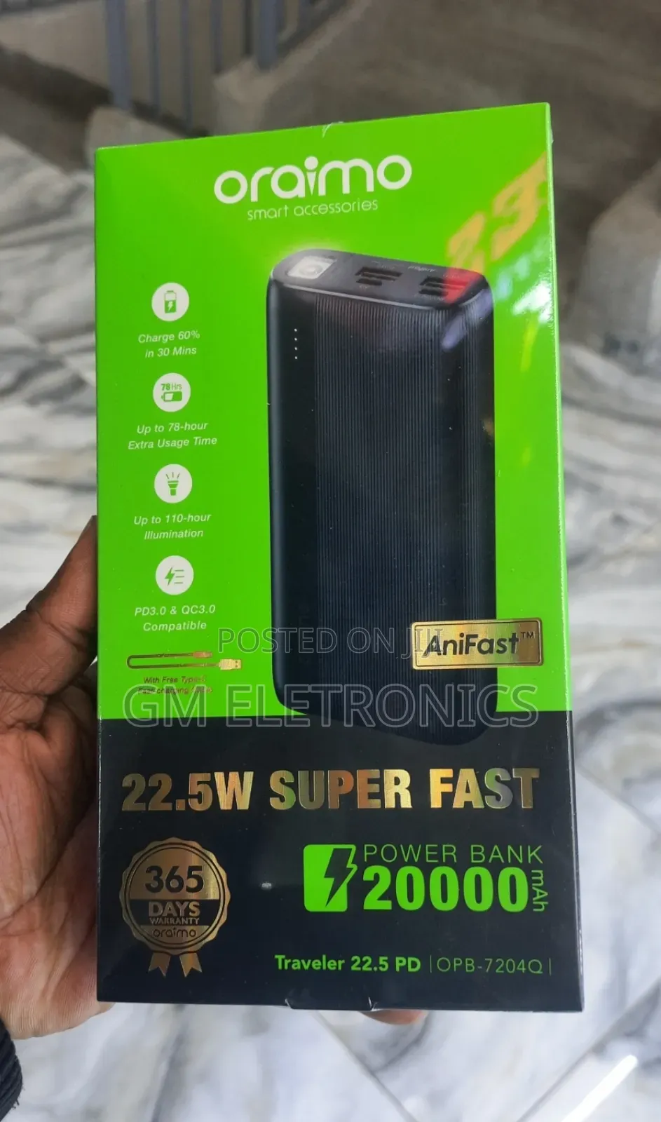 Original 20000mah Super Fast 22.5w Power Bank(Opb-7204q).