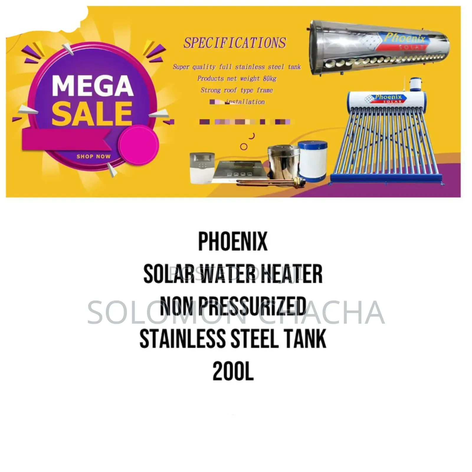 Phoenix 200l No Pressurized Stainles Tank Solar Water Heater