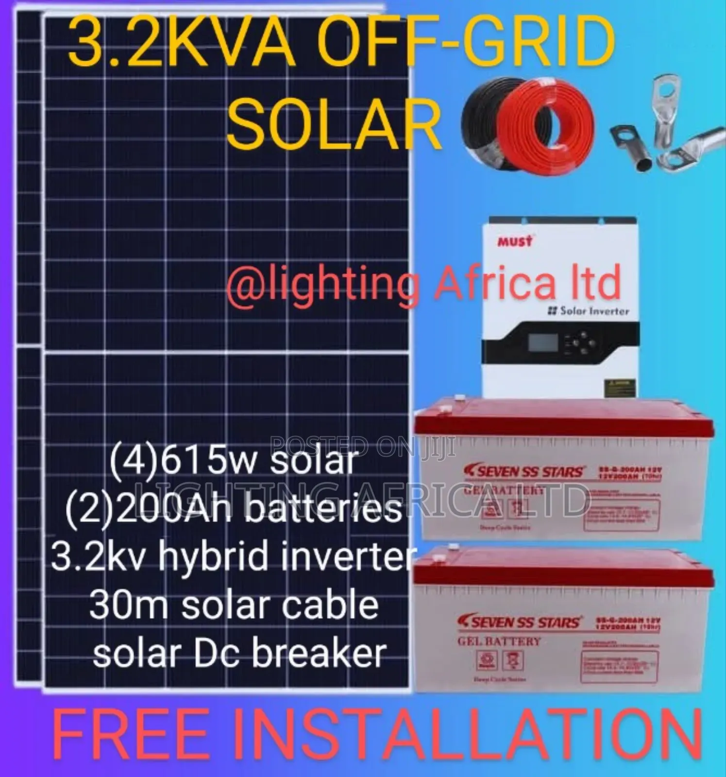 3.6kva Hybrid Inverter -(4)615w Solar -(2)200ah Gel Battery System