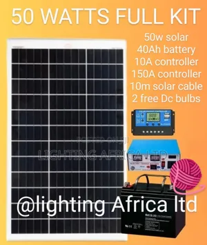 50 Watts Solar - 40ah Gel Battery - 150ah Inverter - 10a Controller.