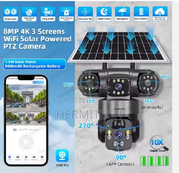Hongglobal 8mp 360 Dual Lens PTZ Wireless Solar Energy CCTV
