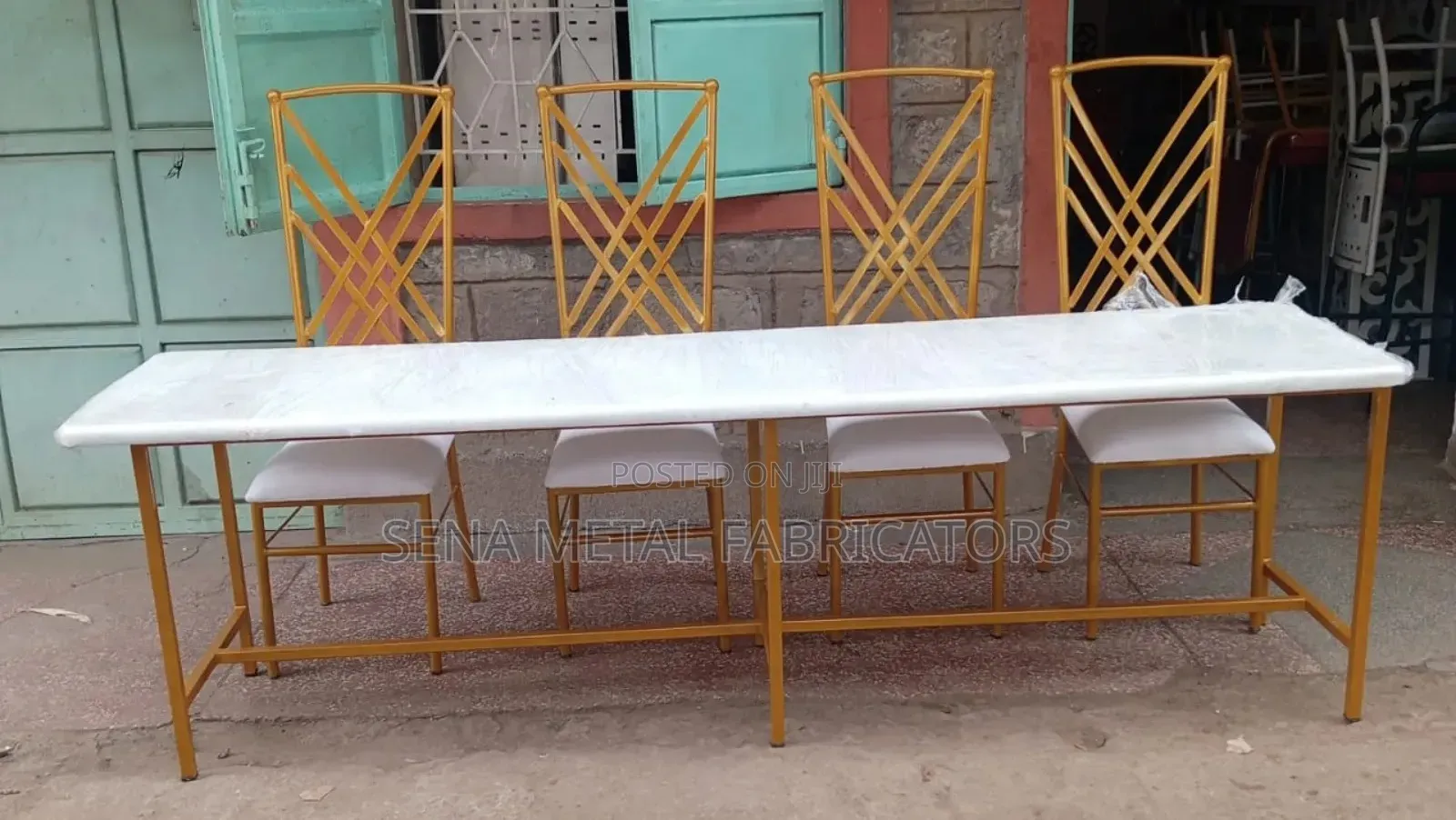 High Table, 4 Event Chairs With Powdercoating Finish.