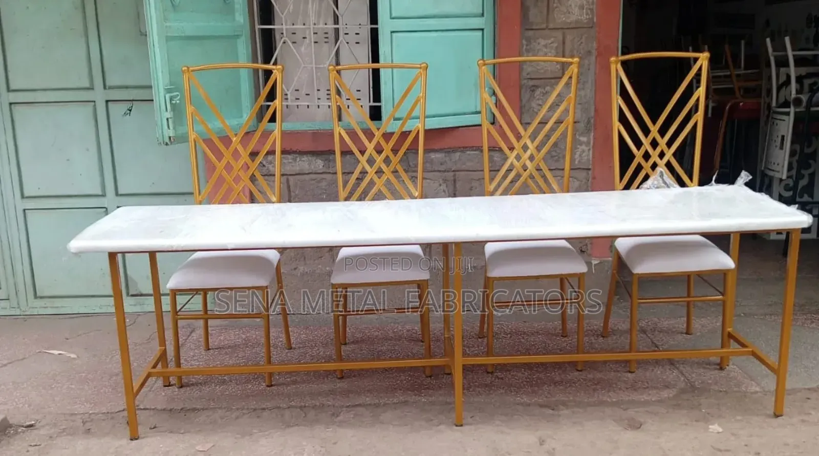 High Table, 4 Event Chairs With Powdercoating Finish.