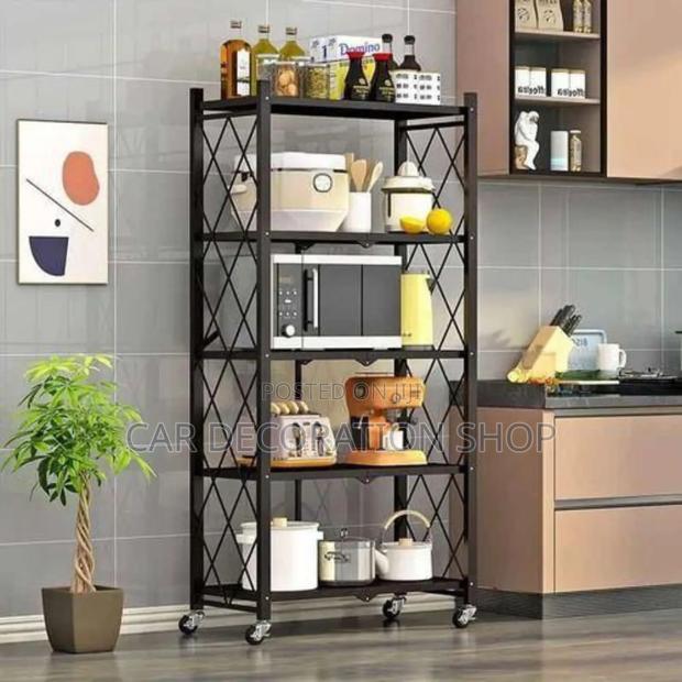 5tier Foldable Metallic Storage Rack With Rollers