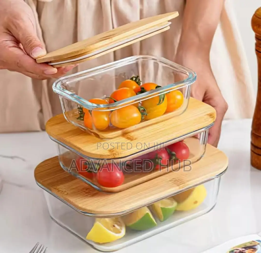 3in1 Glass Snack Storage Box Set Wooden Top Lid