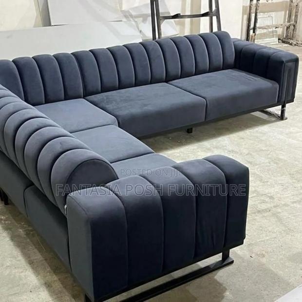 Modern Navy Blue L-Shaped Sectional Sofa - main view