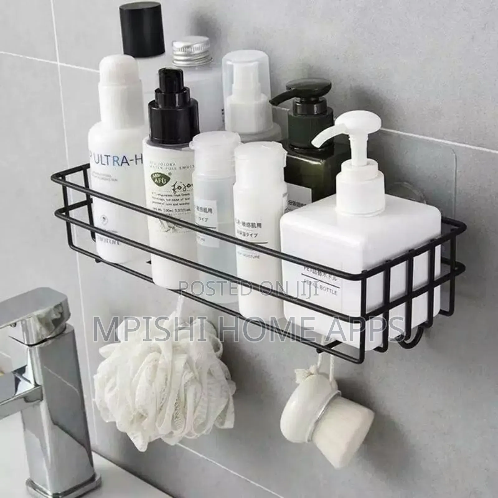 Rectangular Metallic Corner Bathroom Shelf Black and White